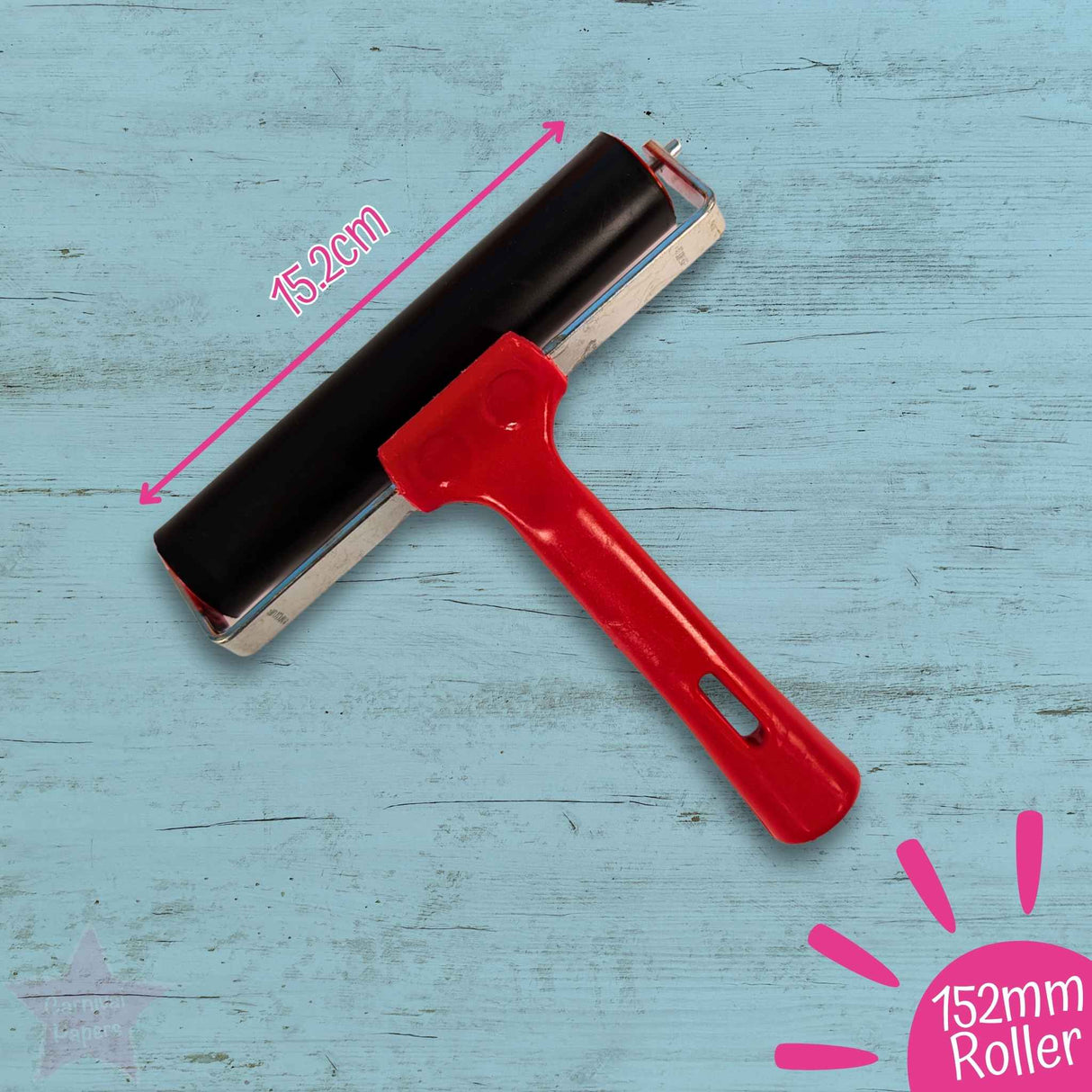 Red roller with black surface on a blue wooden background, showing measurement text '152mm Roller'