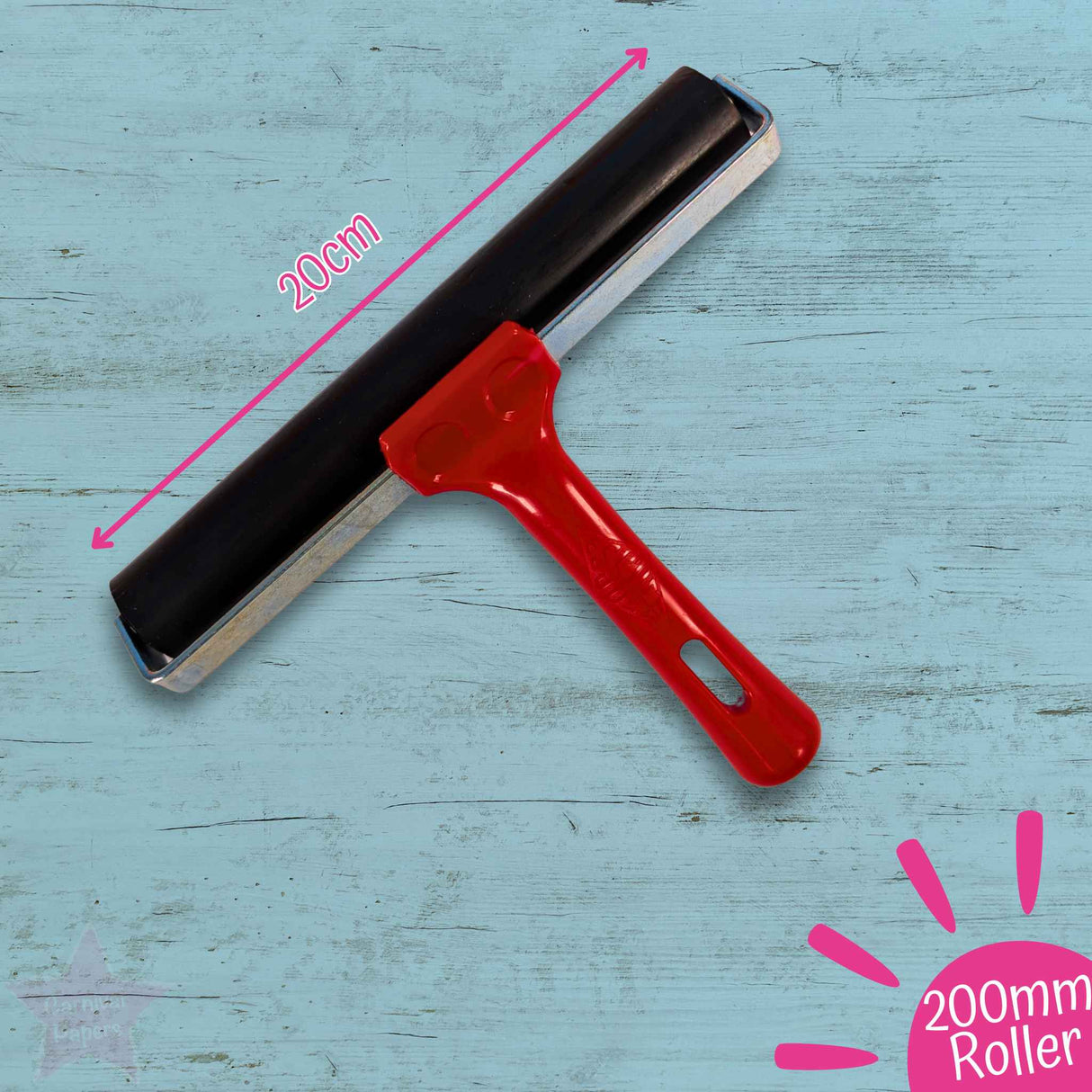 Red roller with black surface on a blue wooden background, labeled '200mm Roller'.