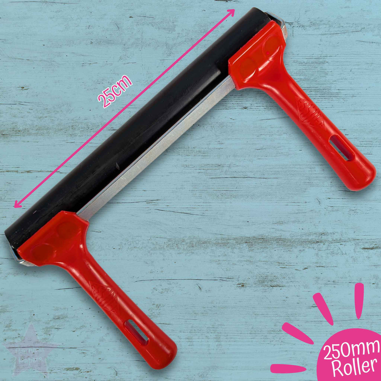 Red roller with black rubber surface on a blue wooden background, labeled '250mm Roller'.