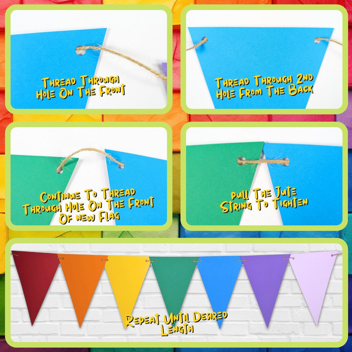 Rainbow Card Bunting – 28 Flags with 5m Jute String