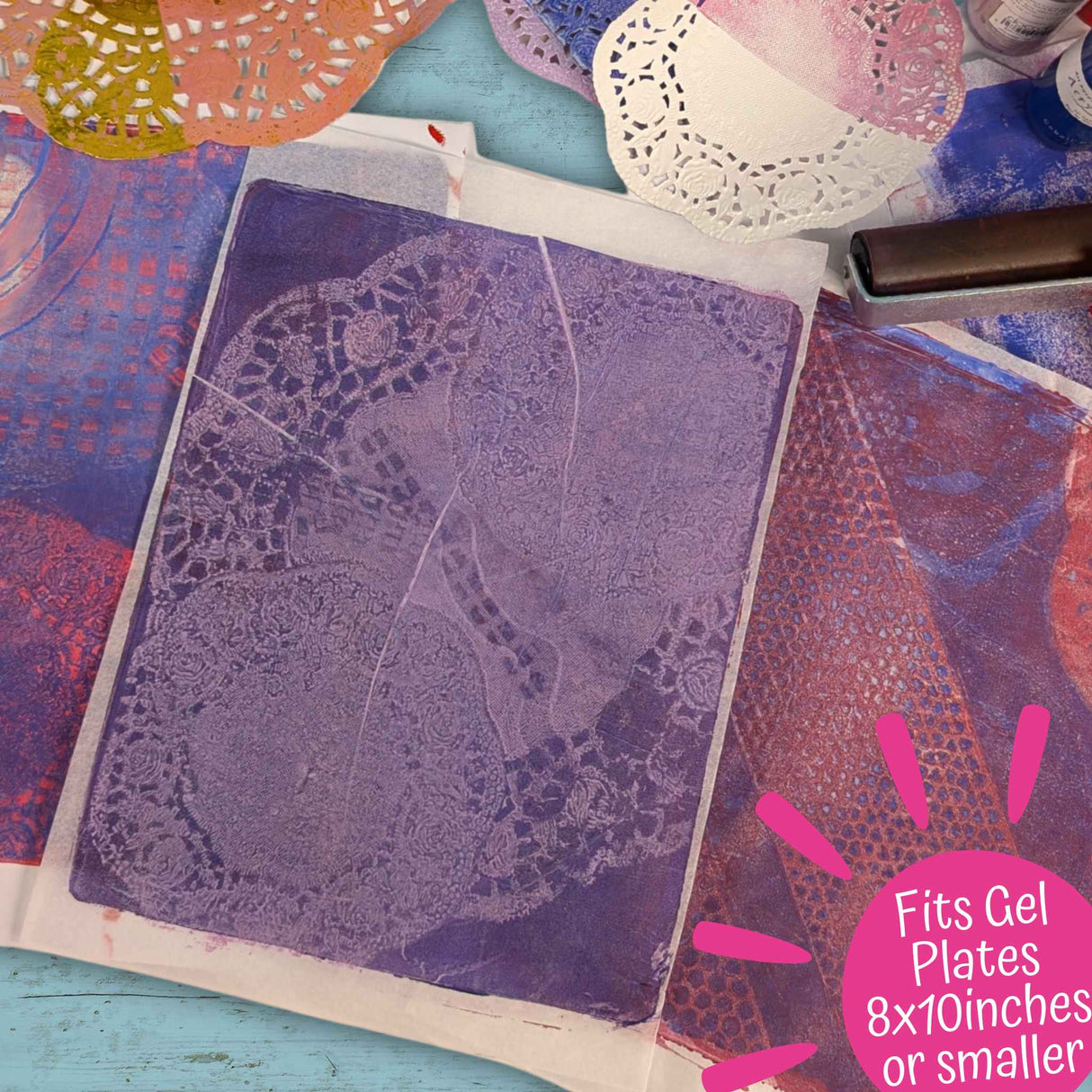 Purple textured prints on a colorful background with text indicating gel plate size compatibility 8x10 inches or smaller