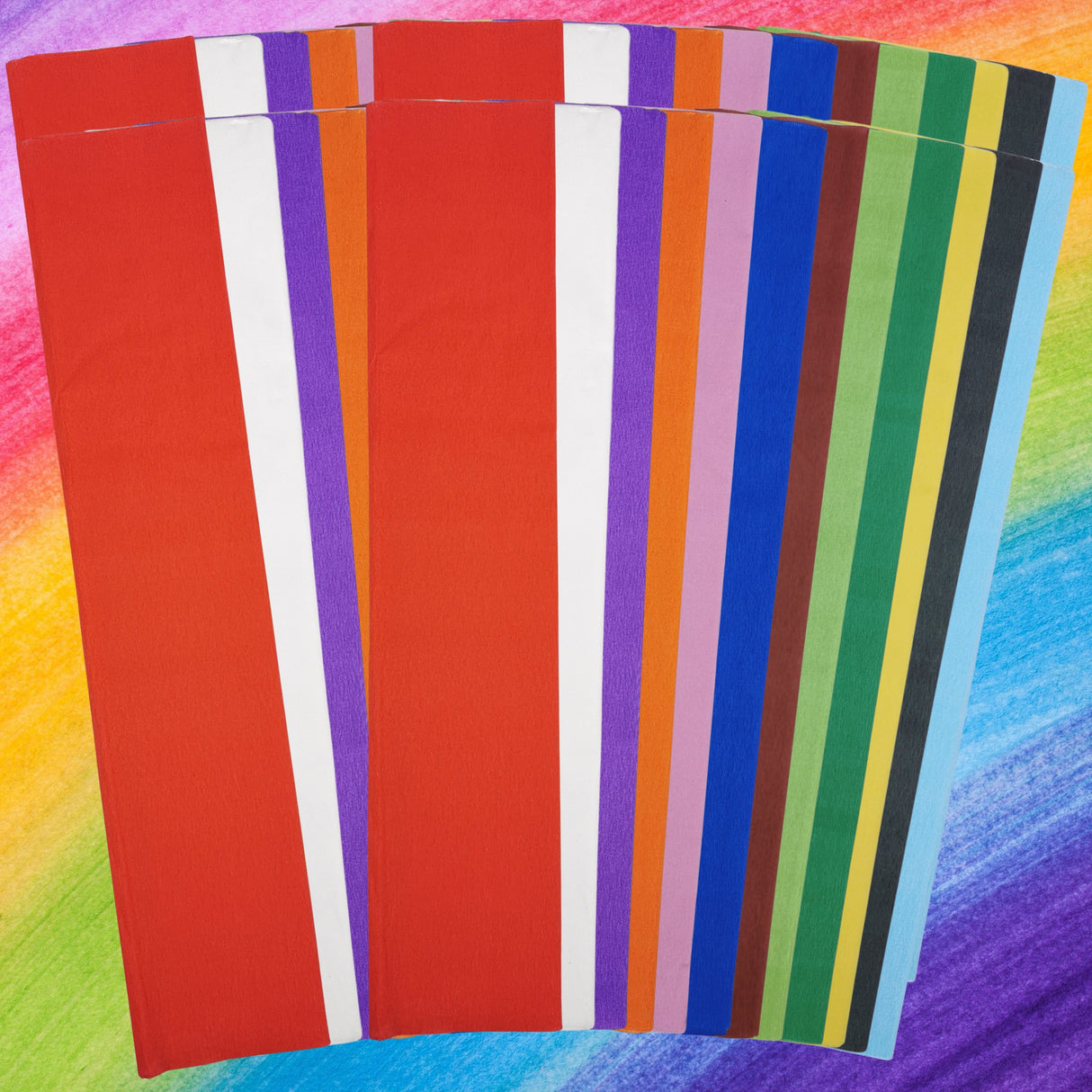 Bulk Assorted Colour Crepe Paper Sheets Large Fold 50cm x 300cm 12 Colours 48 Folds