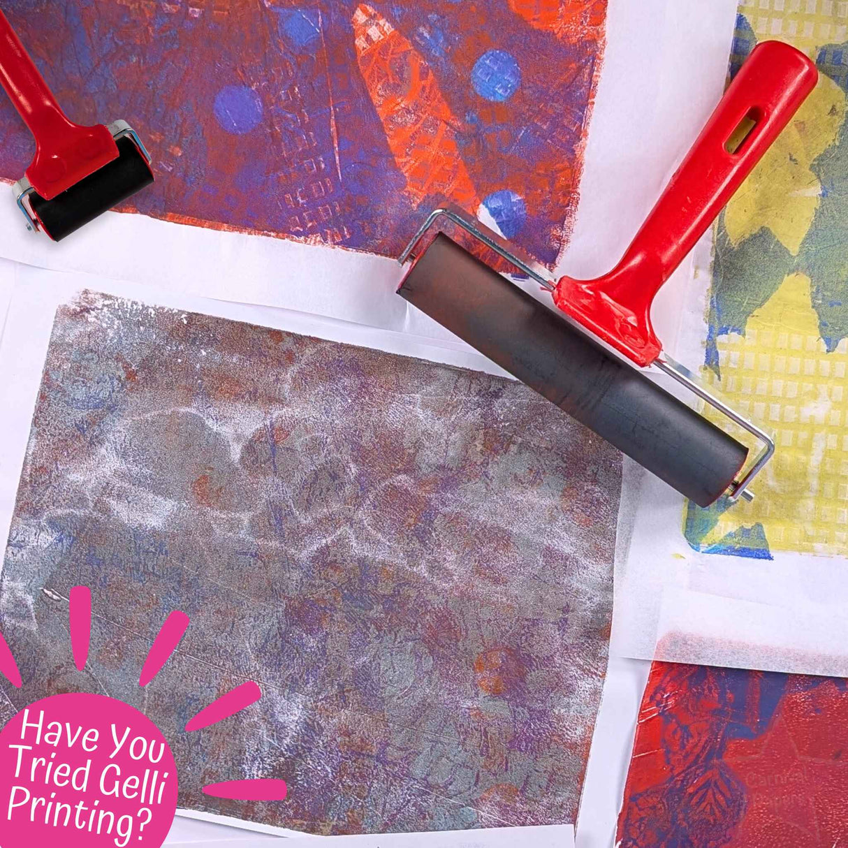 Gelli printing tools with printed designs on paper