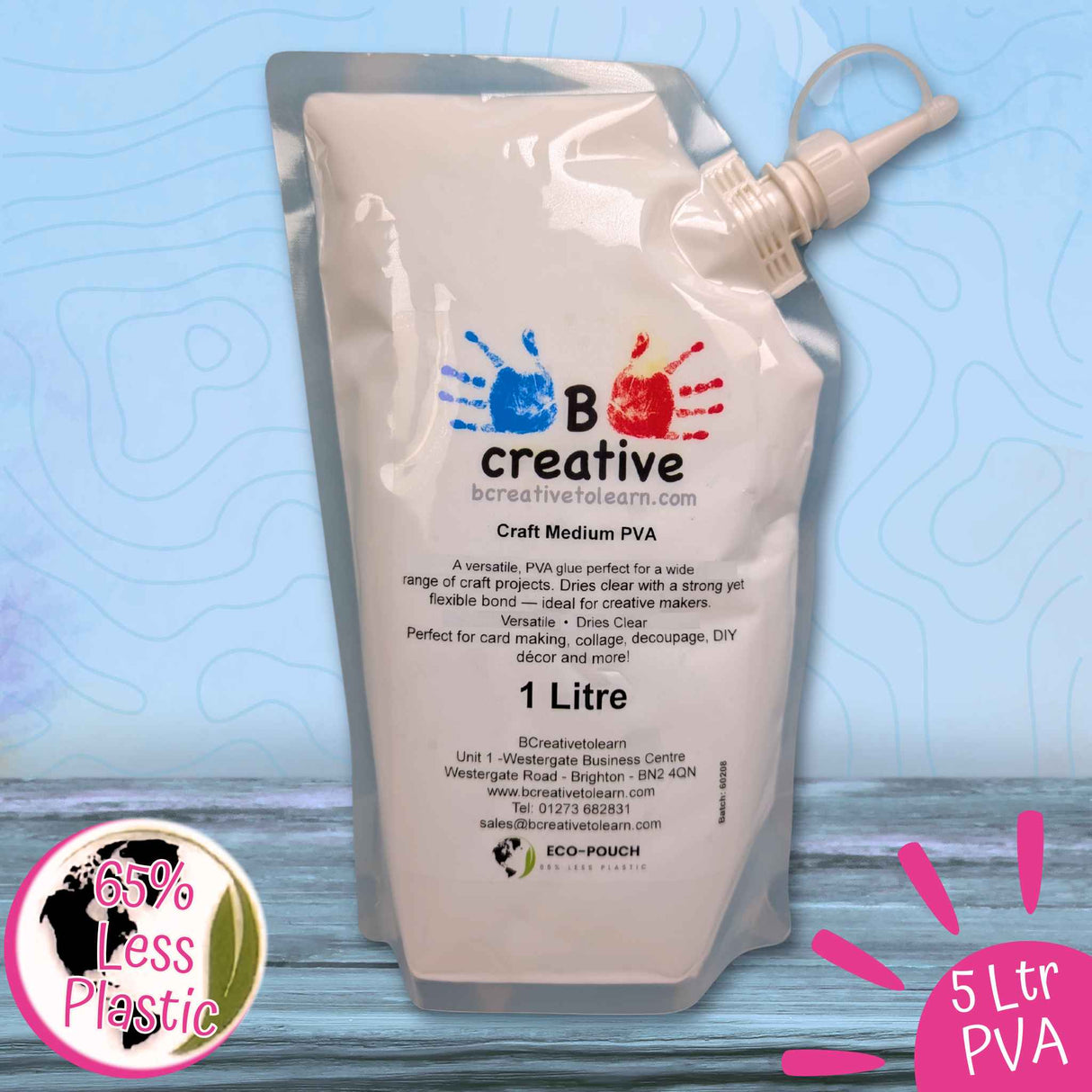 B creative PVA glue pouch with a blue and red design on a textured blue background