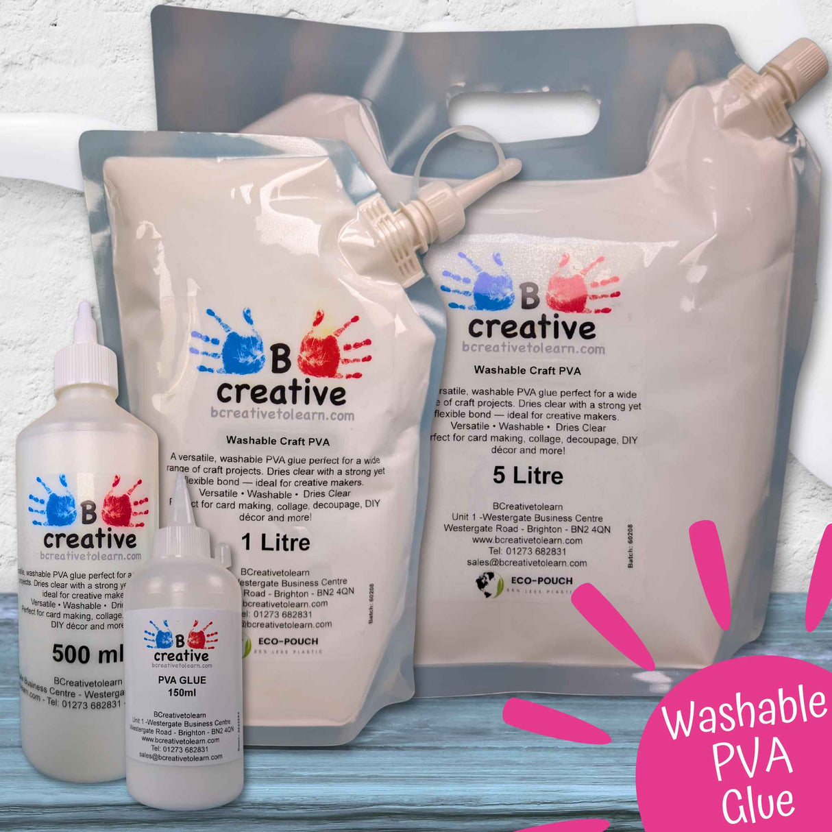 Washable PVA Glue – Strong Craft Glue 150ml, 500ml, 1 Litre & 5 Litre Eco Pouch