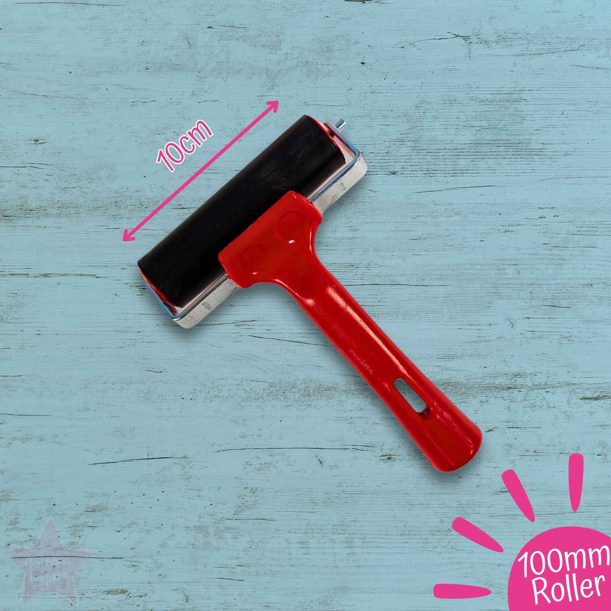 Red Brayer Roller on a blue wooden surface, labeled '100mm Roller'.