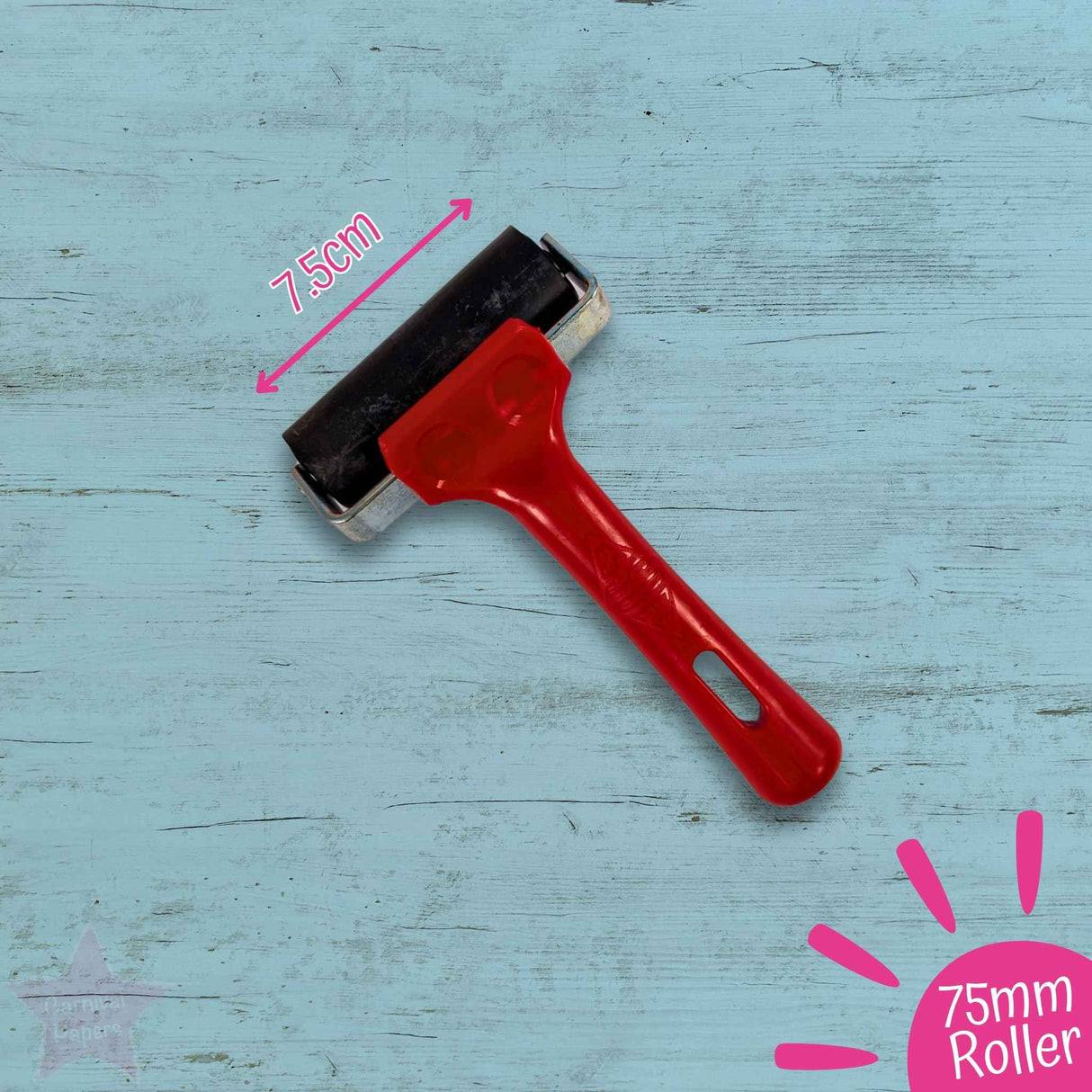 Red Brayer Roller on a blue wooden surface, labeled '75mm Roller'.
