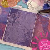 Purple textured prints on a colorful background with text indicating gel plate size compatibility 8x10 inches or smaller