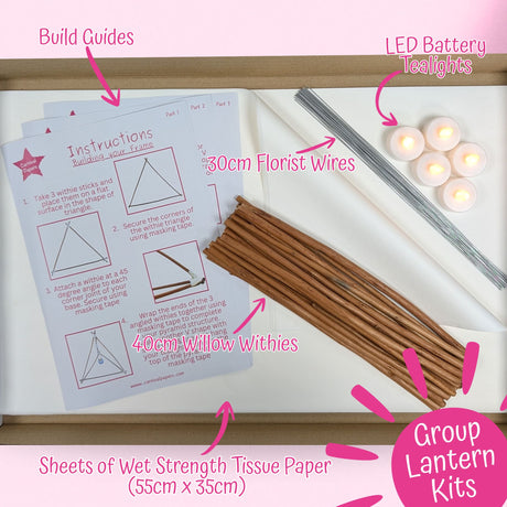 Willow lantern-making kit contents with white tissue paper, precut willow, florist wire, five LED tealights and instructions