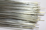 A close-up of many thin metallic silver rods or wires bundled together on a plain white background.