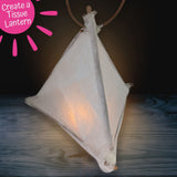 Finished white tissue-paper willow lantern glowing with an LED light