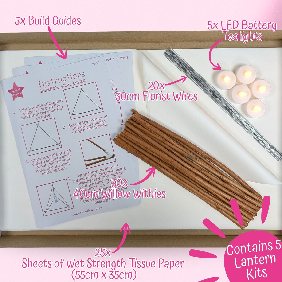 Materials for one lantern laid out with willow sticks, tissue, wire, an LED tealight and instructions