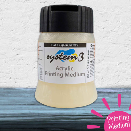 Daler Rowney System 3 acrylic printing medium jar on a textured surface